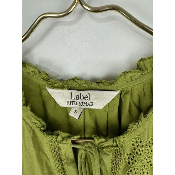 LABEL RITU KUMAR GREEN SOLID TIE UP SHORT DRESS Size Small Puff Sleeve - Picture 8 of 12